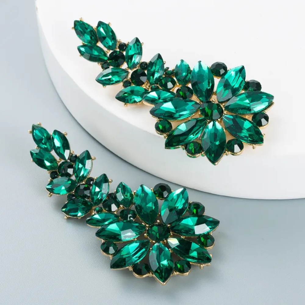 Green Rhinestone Flower Earrings